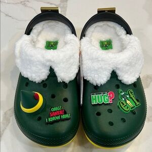 CROCS Kids Green Elf Slippers with White and Yellow Accents